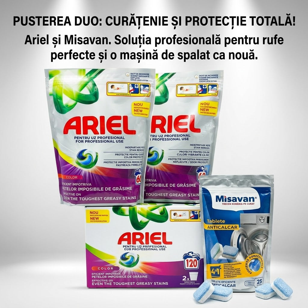 Pachet Profesional pentru Îngrijirea Hainelor și Mașinii de Spălat, Puterea Duo: 3x Detergent Lichid Ariel Professional Color (2x 60 Spălări) 1x Tablete Anticalcar Misavan 4in1( 25 bucăți)