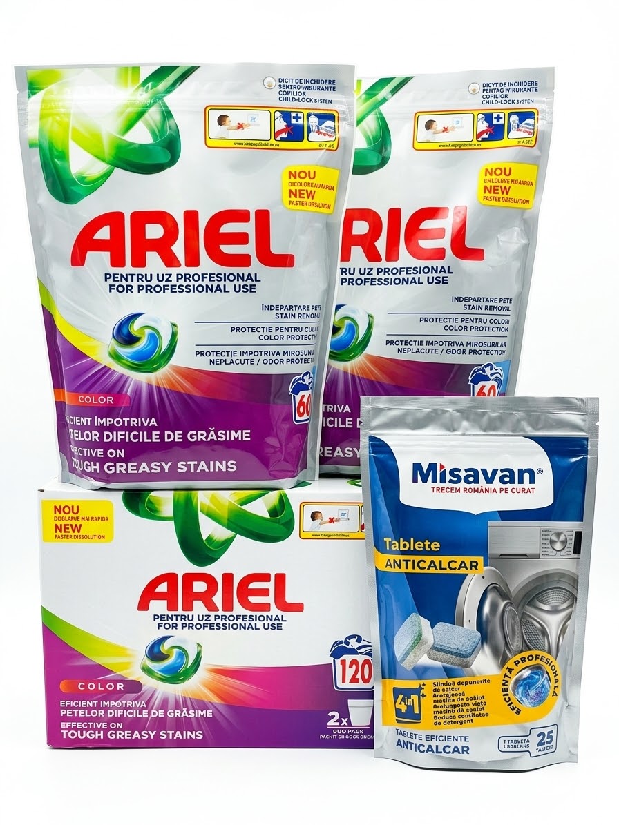 Pachet Profesional pentru Îngrijirea Hainelor și Mașinii de Spălat, Puterea Duo: 3x Detergent Lichid Ariel Professional Color (2x 60 Spălări) 1x Tablete Anticalcar Misavan 4in1( 25 bucăți)