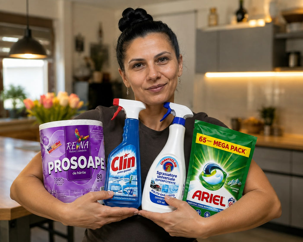 Pachet Complet Curățenie Premium – Ariel Pods, Clin, Chanteclair și Prosoape de Hârtie Reina