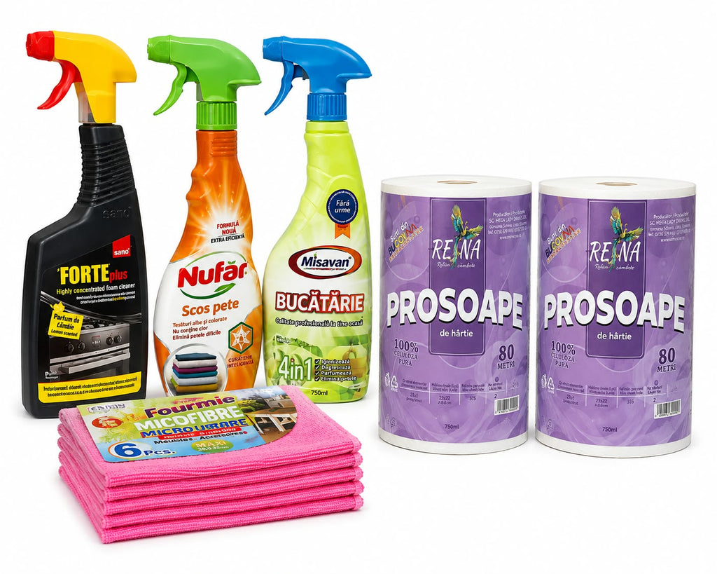 Set Complet Curățenie Generală – Degresant, Soluție Pete și Prosoape Hârtie