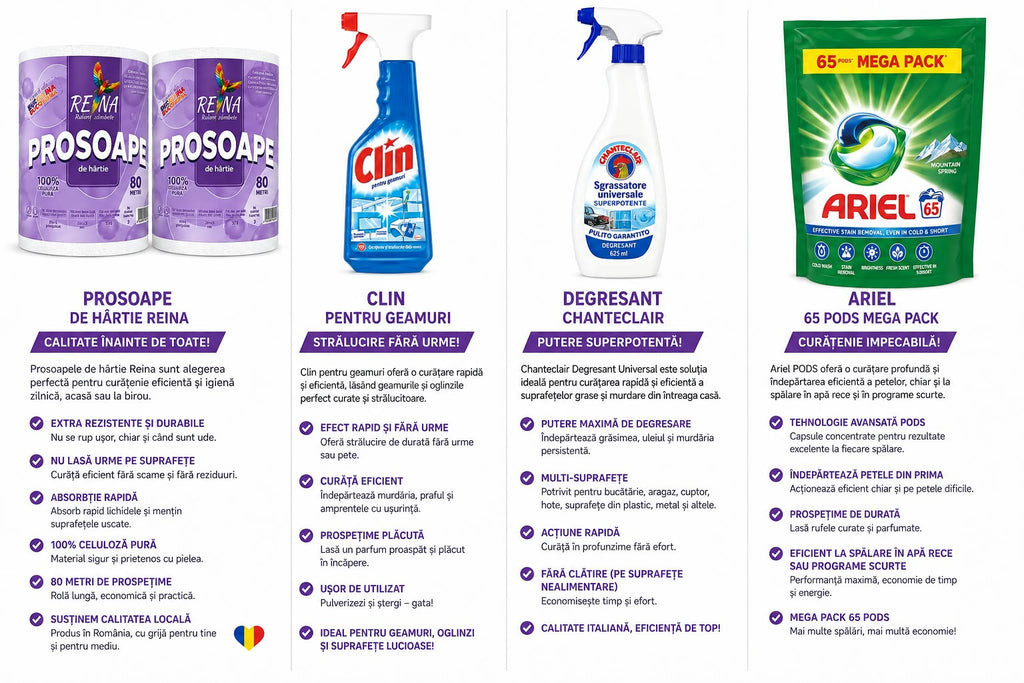 Pachet Complet Curățenie Premium – Ariel Pods, Clin, Chanteclair și Prosoape de Hârtie Reina