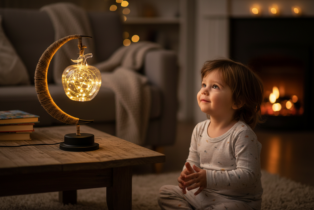 Copil admirând veioza decorativa luna