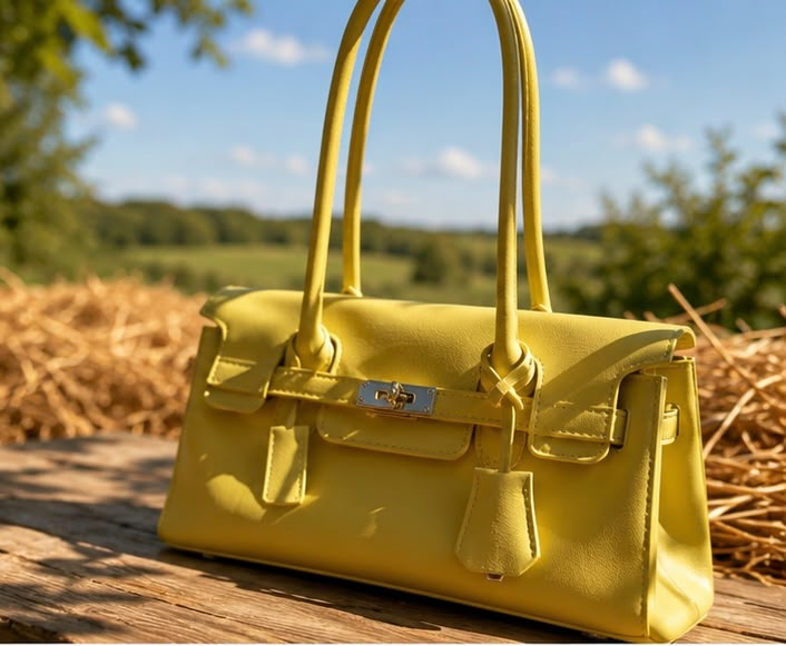 Geantă Birkin galbenă cu mânere duble în decor rustic de vară