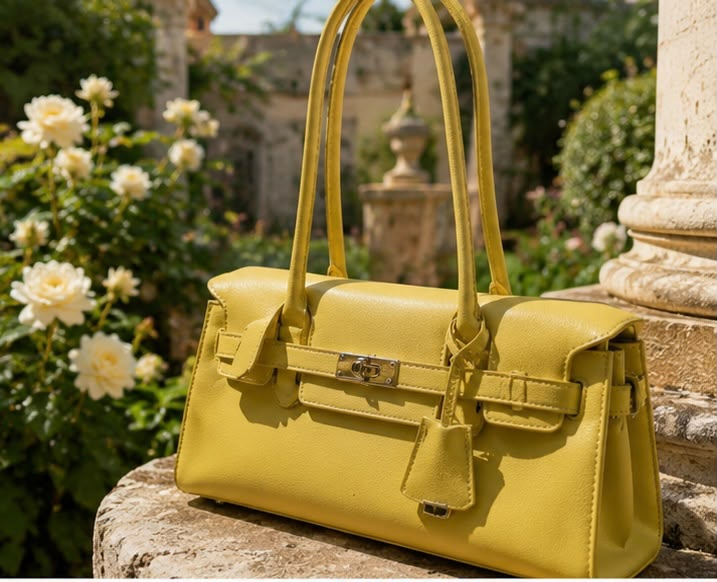Geantă Birkin structured galbenă cu închidere aurie în decor floral