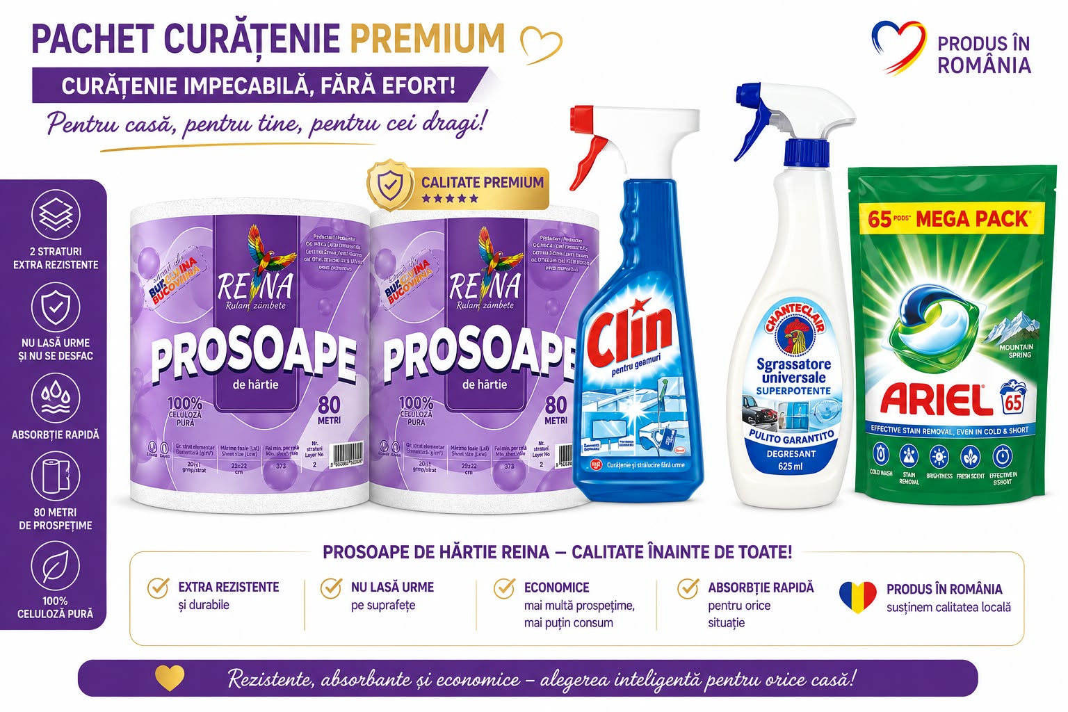 Pachet Complet Curățenie Premium – Ariel Pods, Clin, Chanteclair și Prosoape de Hârtie Reina