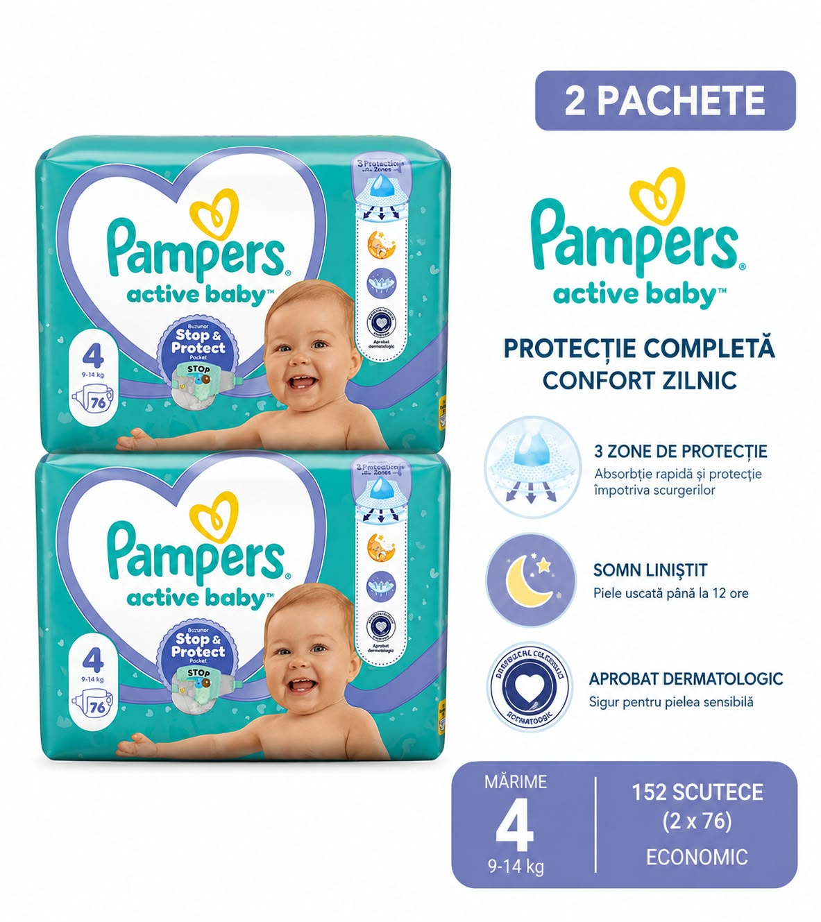 Pachet Economic Scutece Pampers Active Baby Mărimea 4 (9-14 kg) – Mega Pack 152 bucăți (2 x 76)