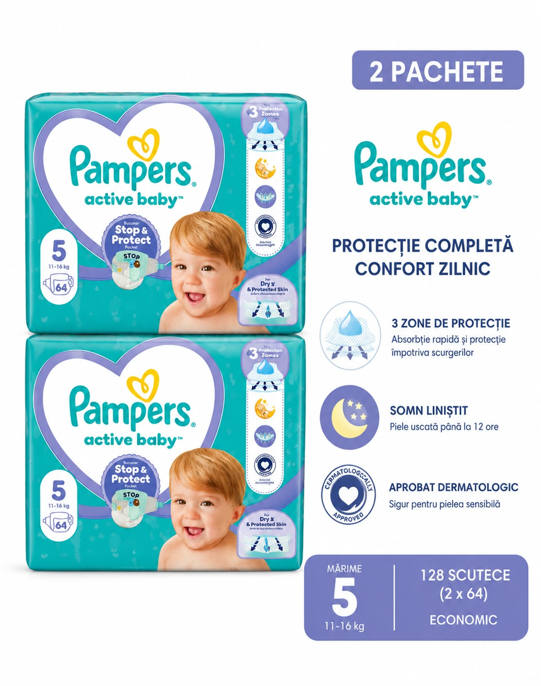 Pachet Economic Scutece Pampers Active Baby Mărimea 5 (11-16 kg) – Mega Pack 128 bucăți (2 x 64)