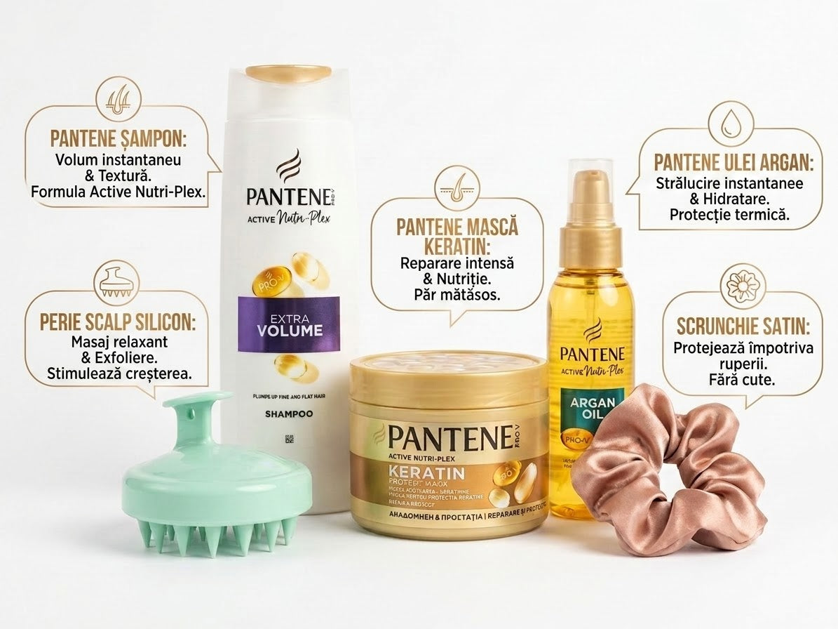 Set Îngrijire și Volum Păr Pantene Pro-V Active Nutri-Plex, Pachet 5 Piese: Șampon Extra Volume, Mască Keratin Protect, Ulei de Argan, Perie Silicon Masaj Scalp și Elastic Satin Scrunchie