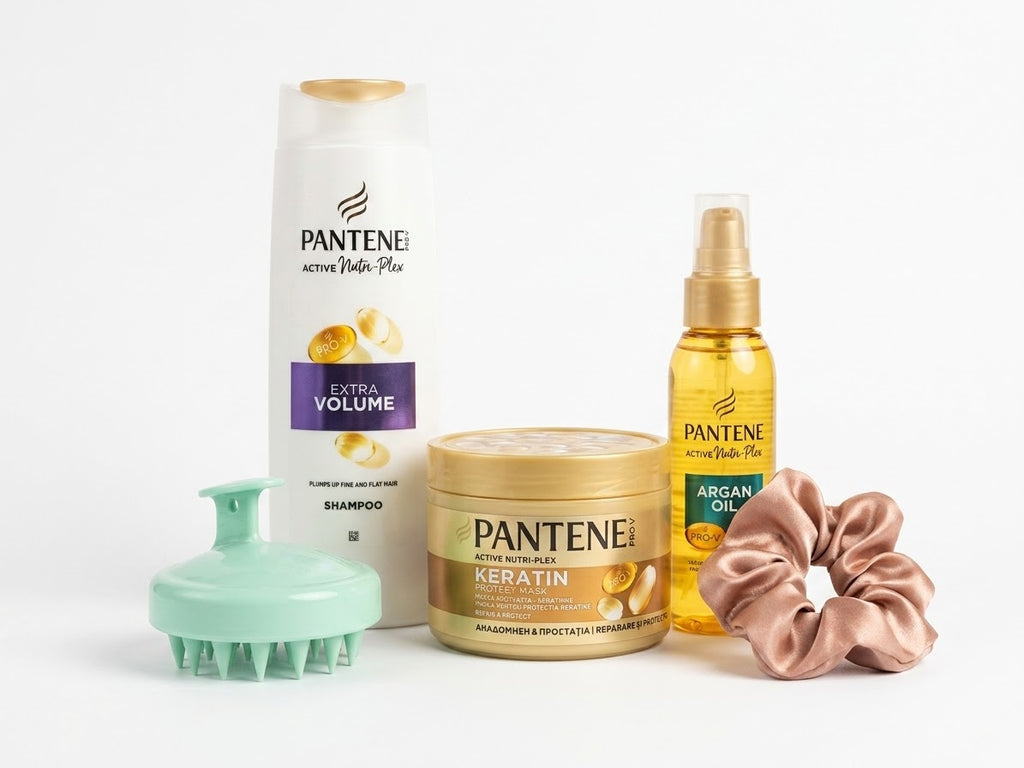 Set Îngrijire și Volum Păr Pantene Pro-V Active Nutri-Plex, Pachet 5 Piese: Șampon Extra Volume, Mască Keratin Protect, Ulei de Argan, Perie Silicon Masaj Scalp și Elastic Satin Scrunchie