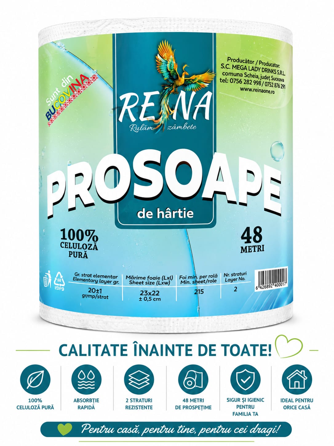 Bax 6 Role Prosoape de Hârtie REINA Bucovina, 48m/Rolă – 2 Straturi, Ultra Rezistente