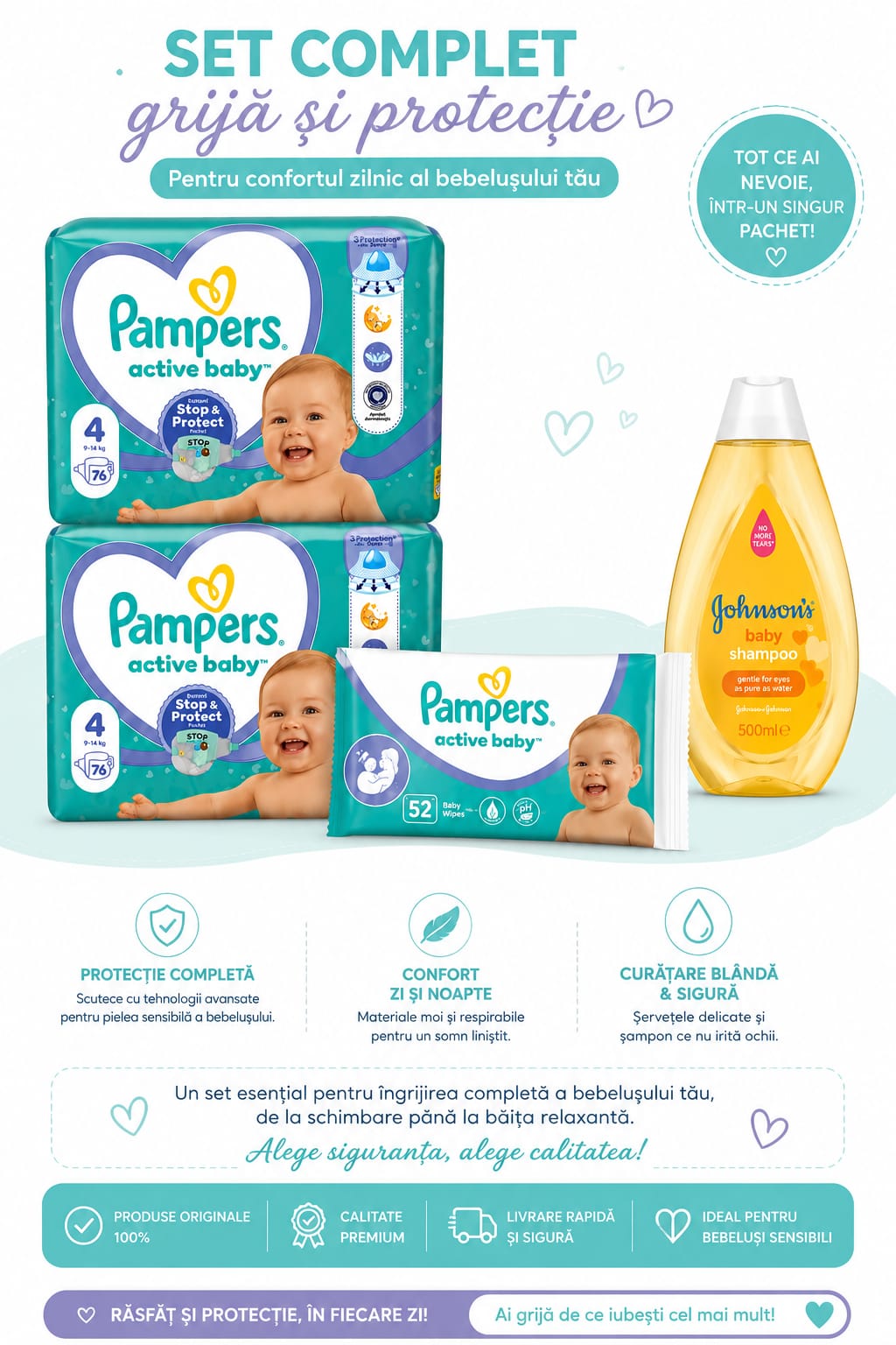 Set Complet Îngrijire Bebeluşi „Grijă și Protecție” – 2x Pampers 4 (152 bucăți) + Șervețele + Șampon Johnson's 500ml