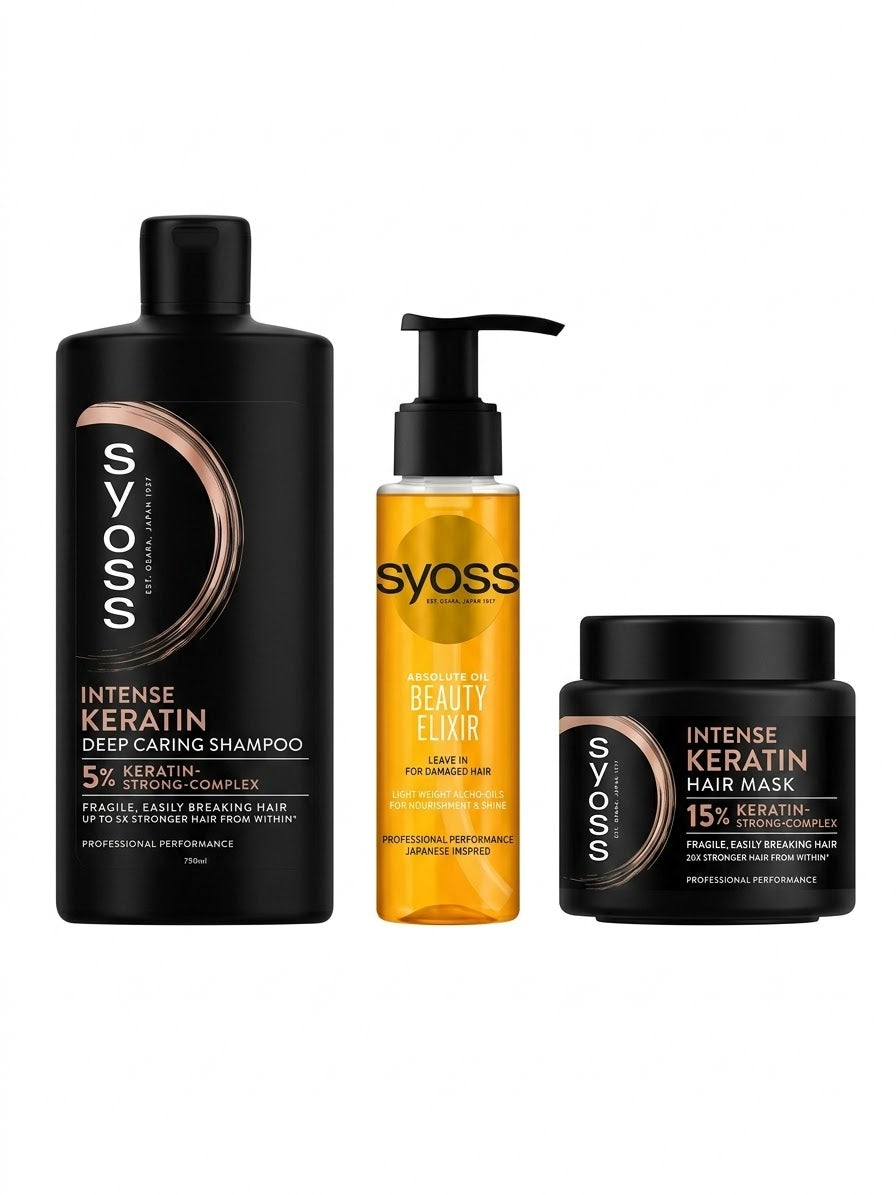Set Tratament Profesional pentru Păr Fragil și Degradat Syoss Intense Keratin, Pachet 3 Piese: Șampon Deep Caring 440ml, Mască Hair Mask 500ml și Ulei de Păr Absolute Oil Beauty Elixir 100ml